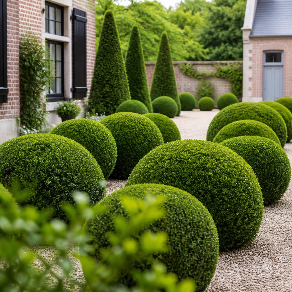 Gesnoeide buxusbollen in tuin