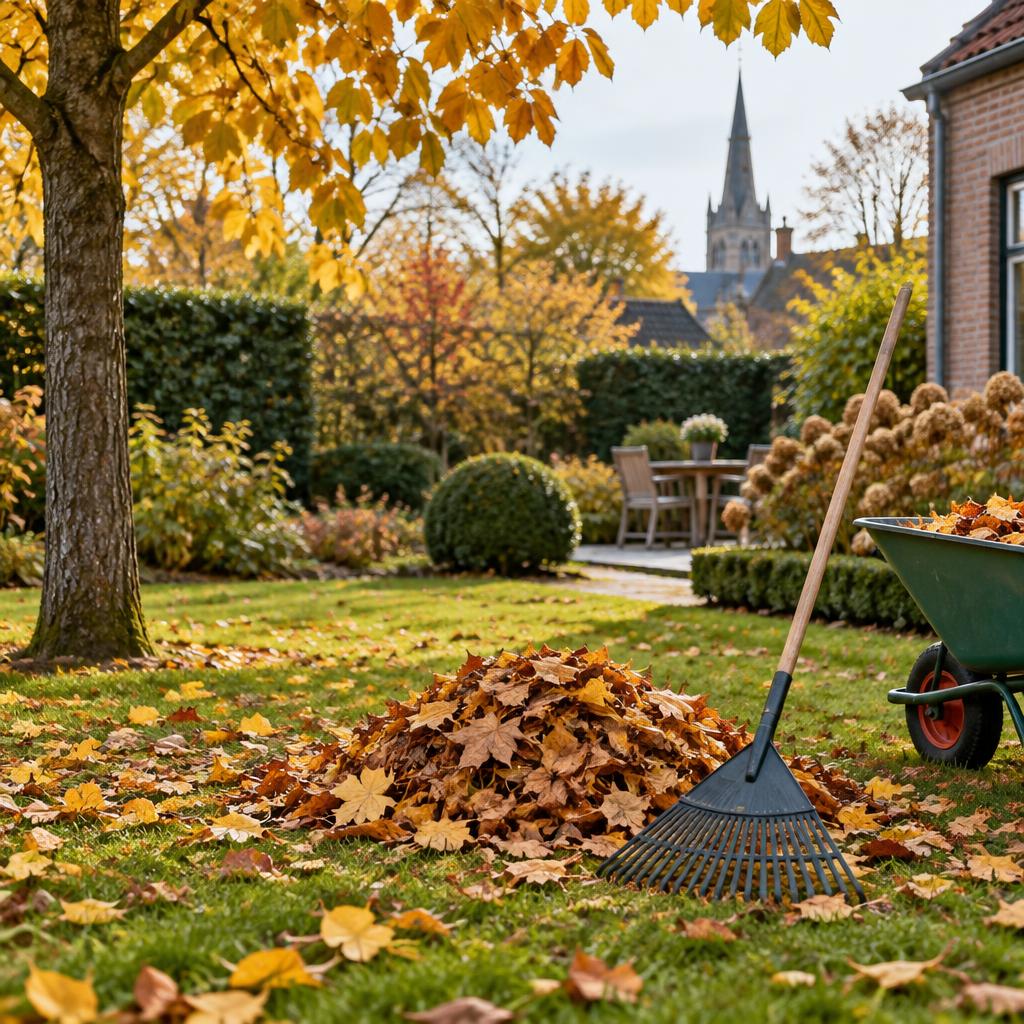 Herfstblad ruimen in de tuin met hark en kruiwagen